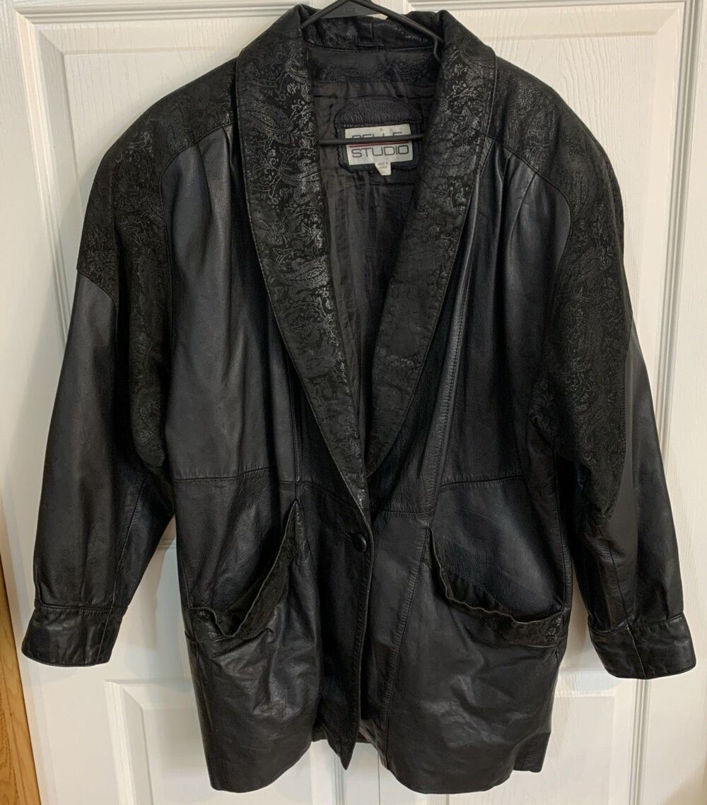 VTG Wilson Pelle Leather Jacket Womans L Black Paisley Floral Suede Accent